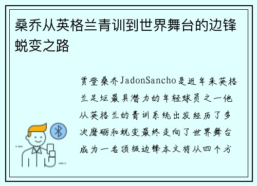 桑乔从英格兰青训到世界舞台的边锋蜕变之路